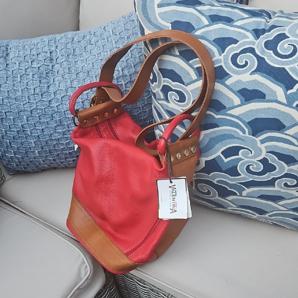Valentina Red and Tan Shoulder Bag with Leather Accents